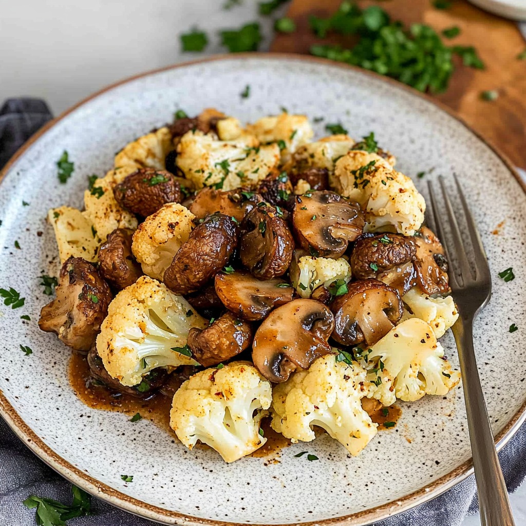 Recipe preparation for Garlic Mushrooms Cauliflower Skillet