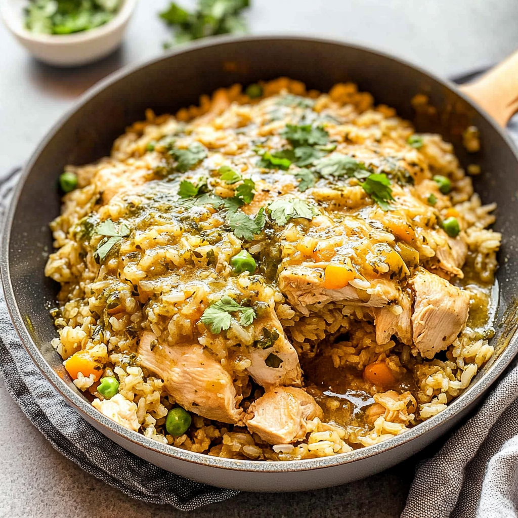 Recipe preparation for Salsa Verde Chicken & Rice Skillet