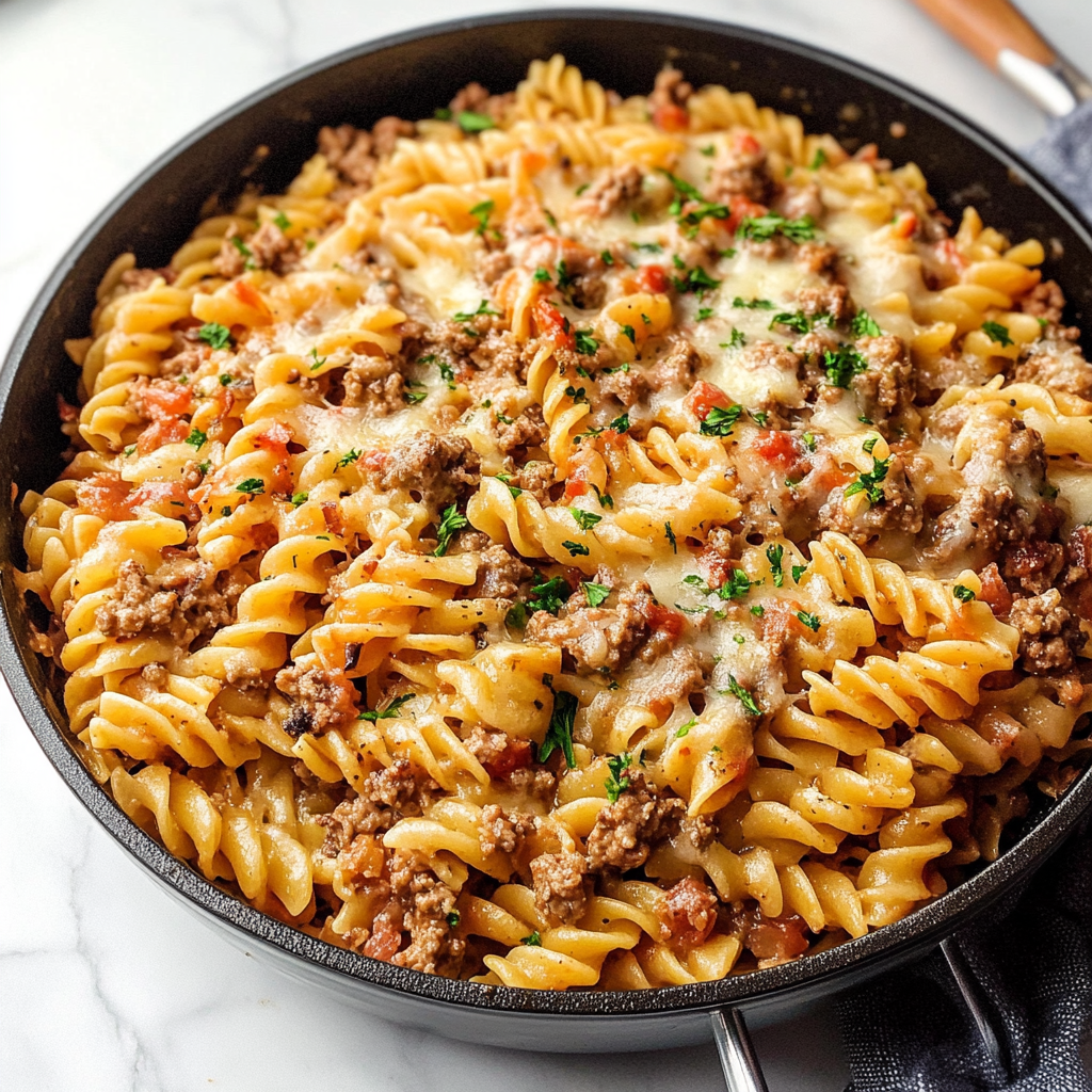 Recipe preparation for Cheesy Rotini Pasta with Garlic Butter Sauce and Ground Beef