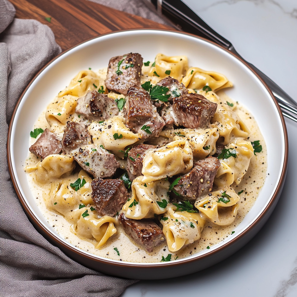 Recipe preparation for Garlic Butter Steak Bites with Creamy Parmesan Tortellini and Garlic Sauce