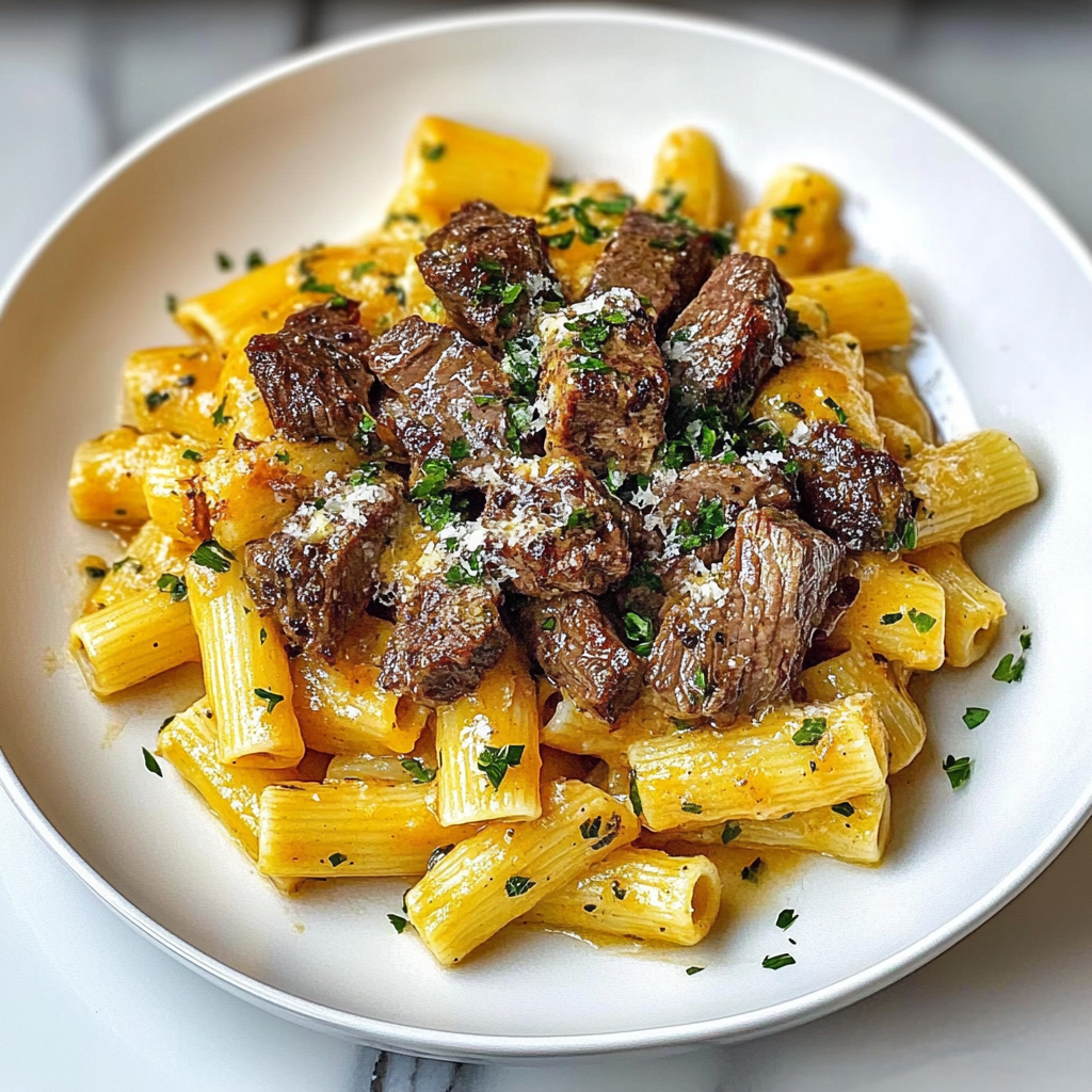 Recipe preparation for Cheesy Cajun Steak Tips Penne Recipe