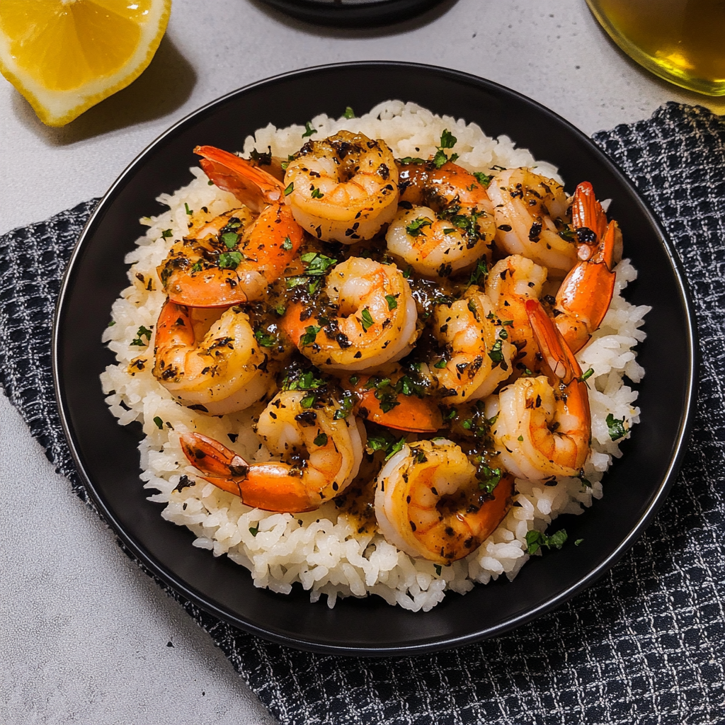 Recipe preparation for Garlic Butter Shrimp Bowl Recipe with Creamy Herb Rice