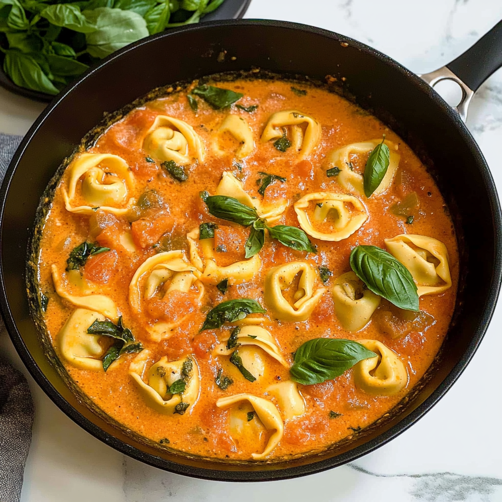 Recipe preparation for Creamy Tomato Basil Tortellini Soup
