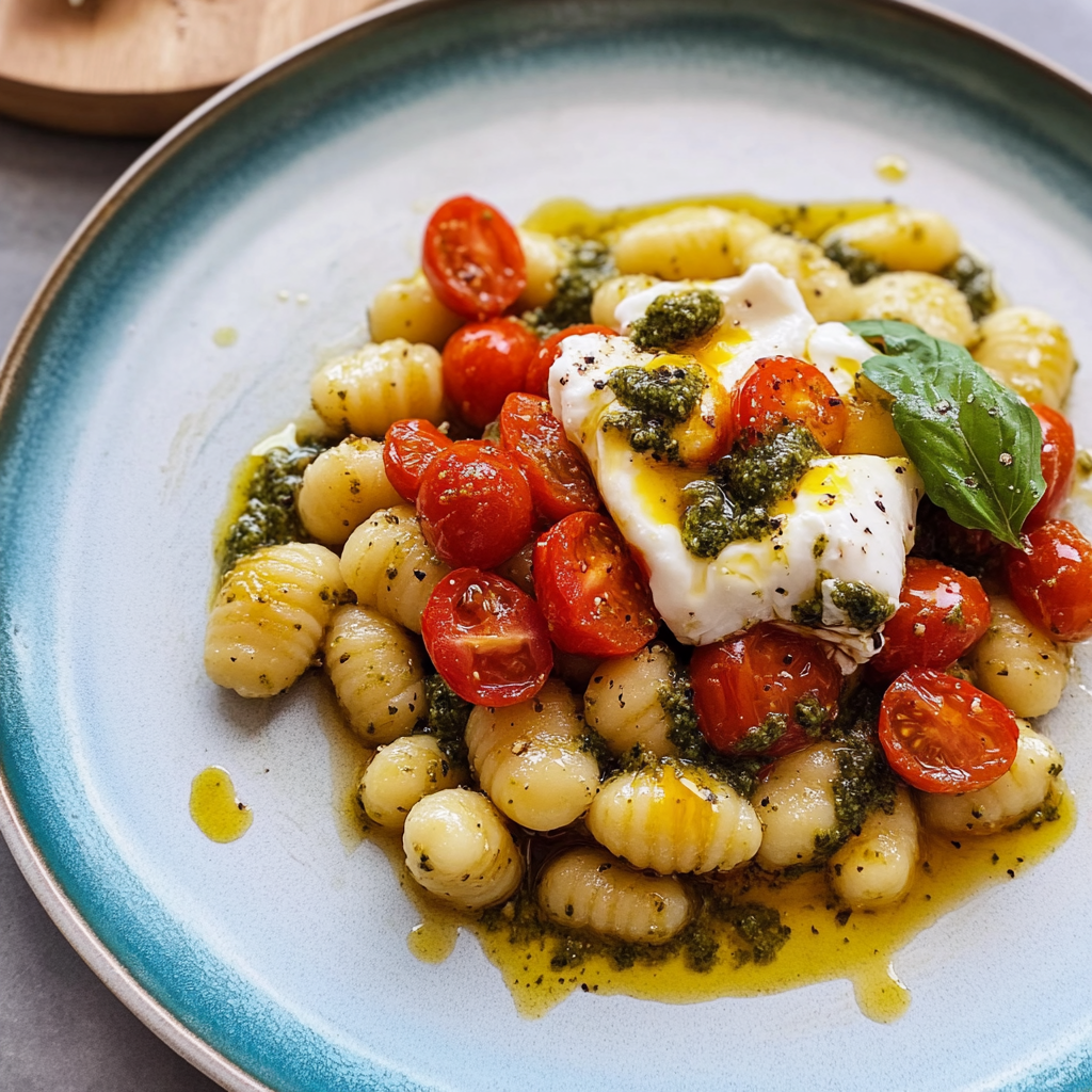 Recipe preparation for 30 minute Pesto Burrata Gnocchi with Cherry Tomatoes
