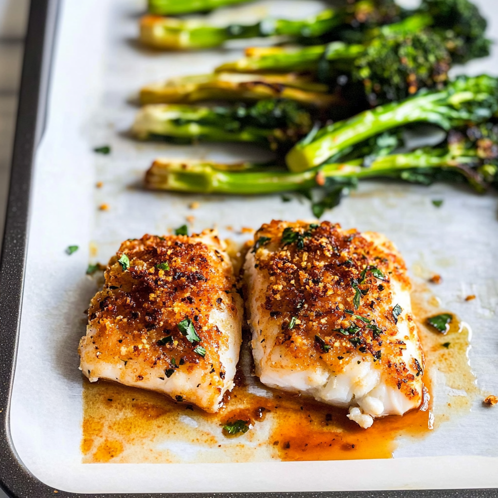 Recipe preparation for Parmesan Crusted Cod with Roasted Broccolini
