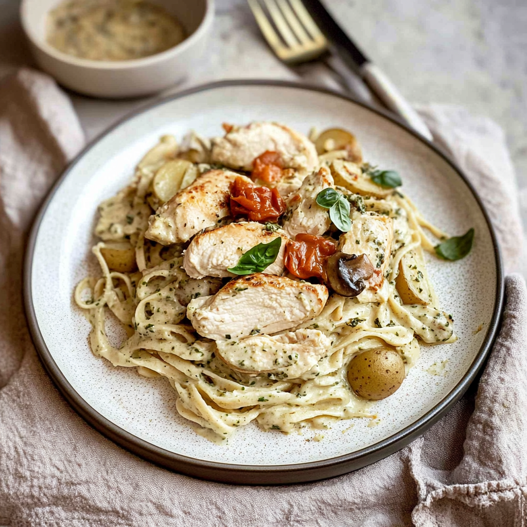 Recipe preparation for Chestnut Garlic Greek Chicken Alfredo with Sage Potatoes & Mushroom Basil Pesto