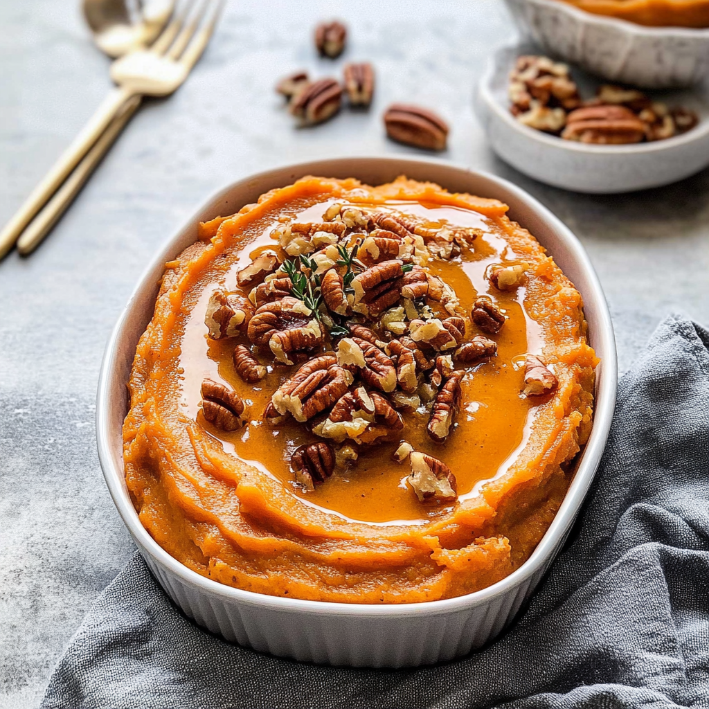 Recipe preparation for Maple Pecan Sweet Potato Mash