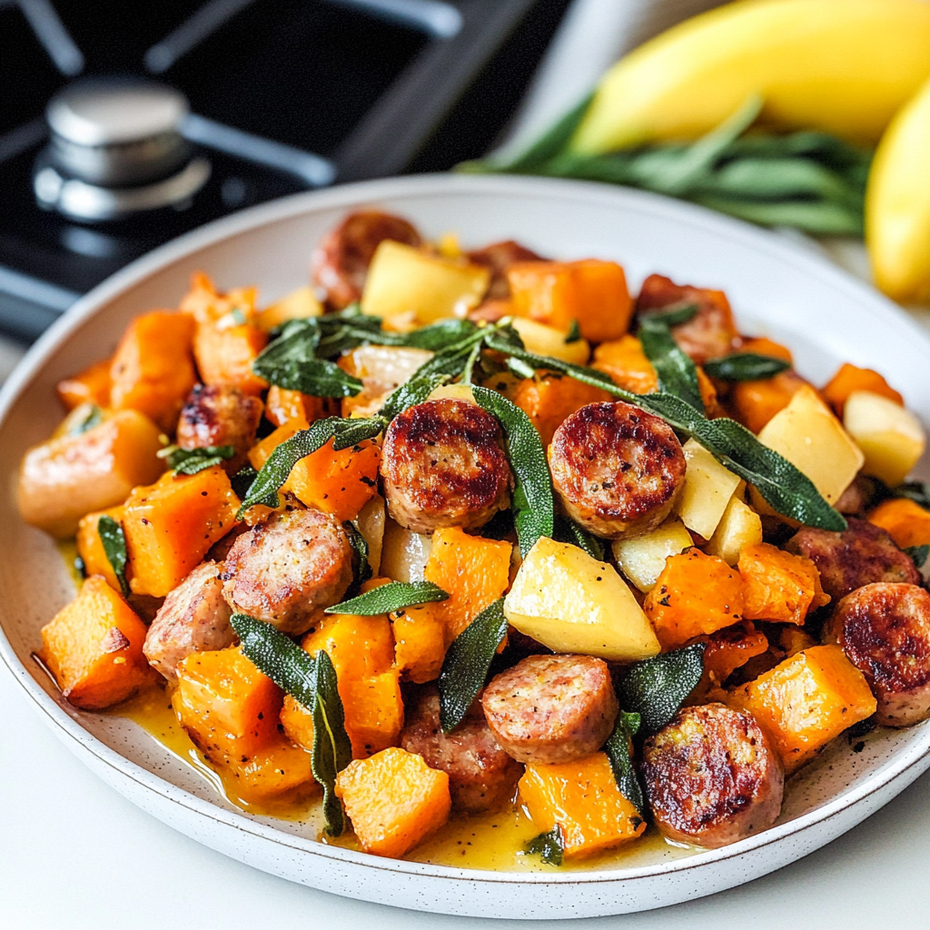 Recipe preparation for Sweet Potato Apple Sausage Bake with Sage