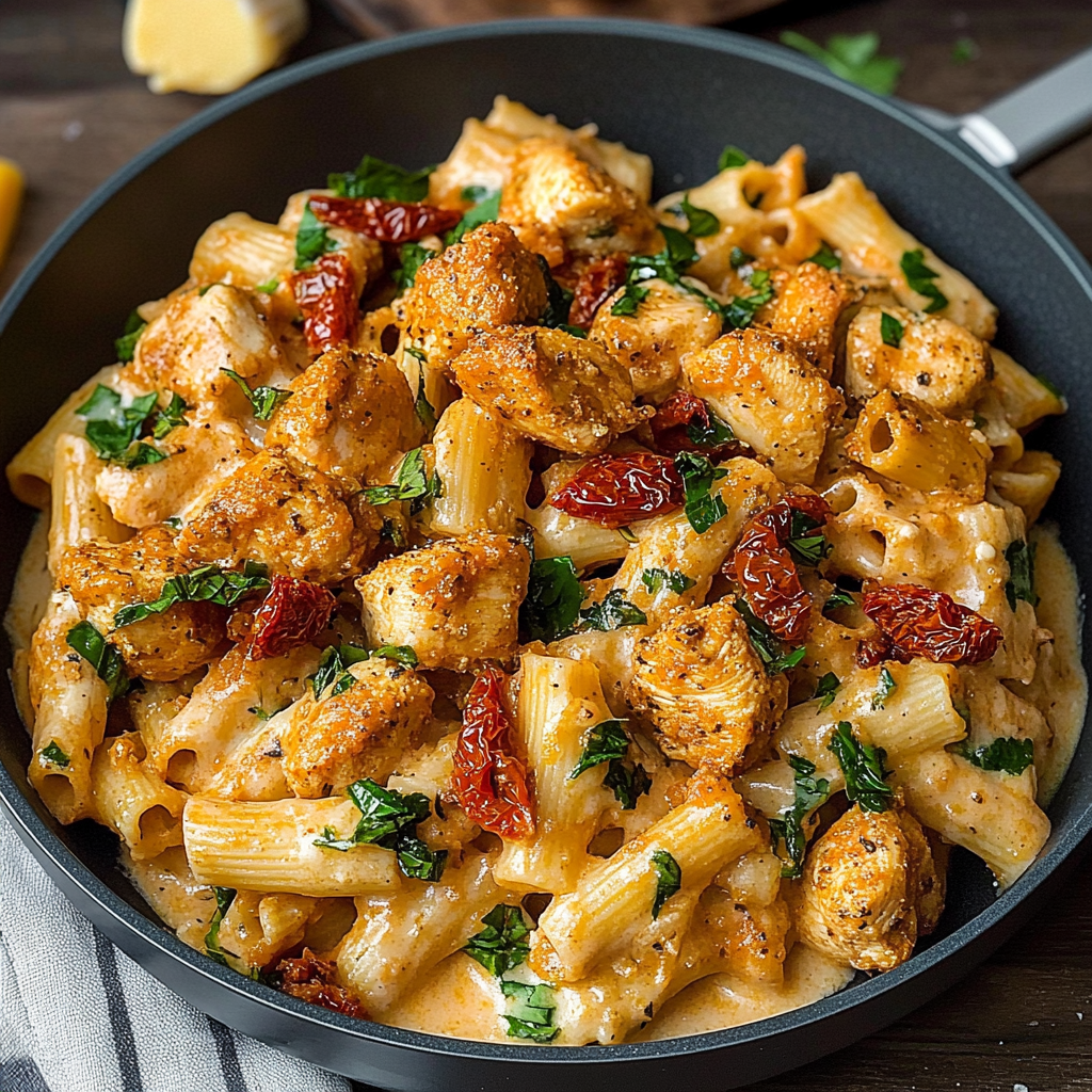 Recipe preparation for Tuscan Garlic Chicken Bites & Sun-Dried Tomato Cajun Alfredo Pasta