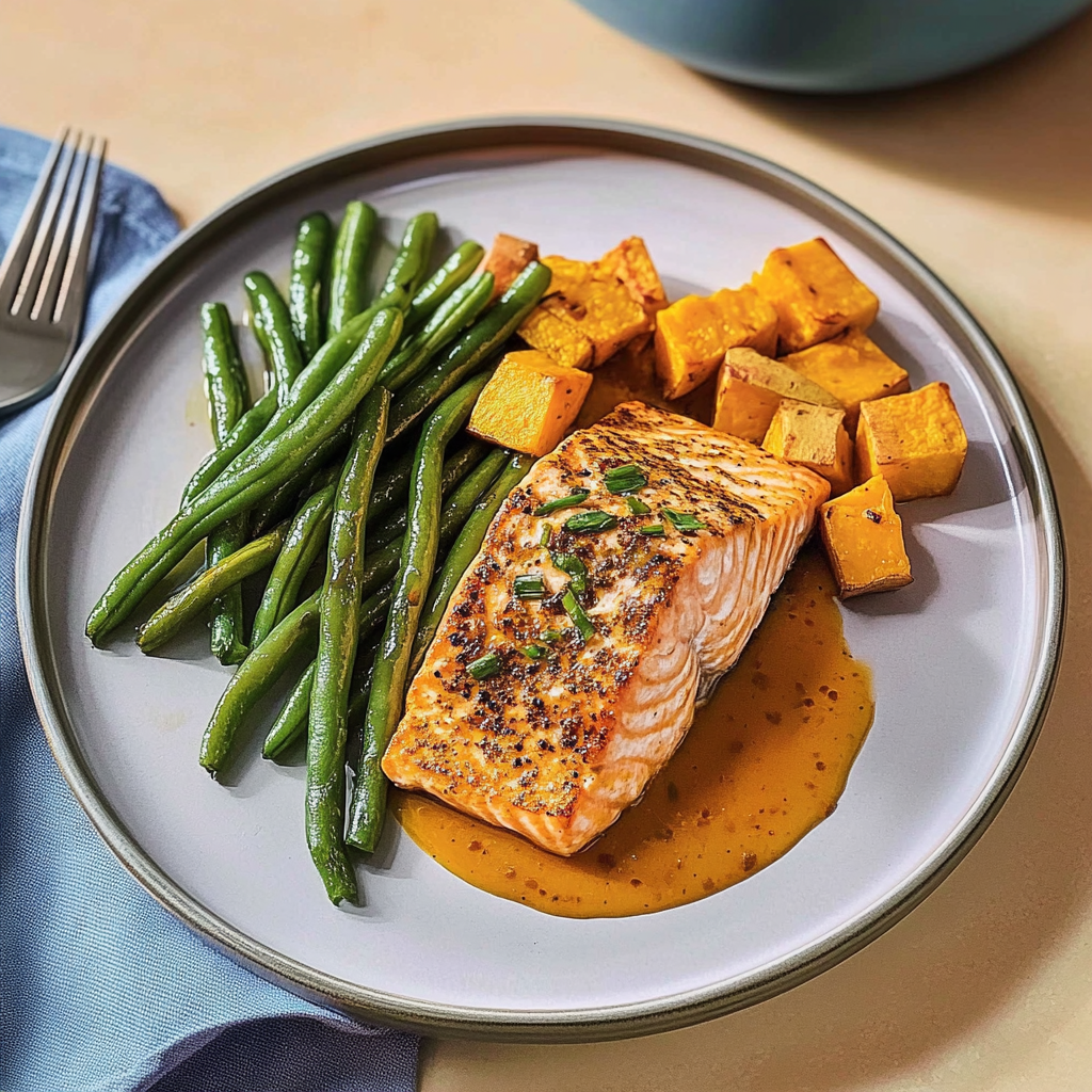 Recipe preparation for Maple-Chipotle Salmon with Sweet Potato and Green Beans