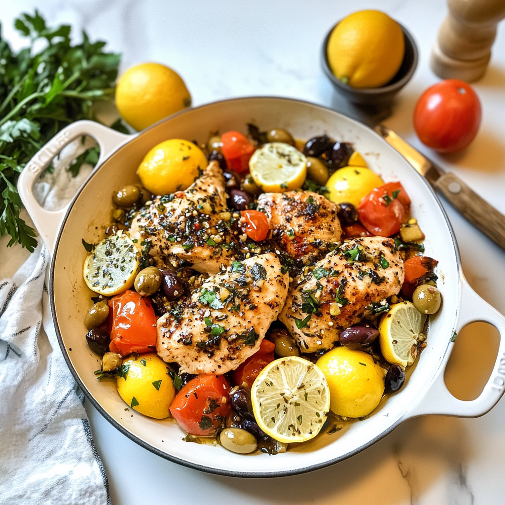 Recipe preparation for Mediterranean Lemon-Olive Chicken & Veggies