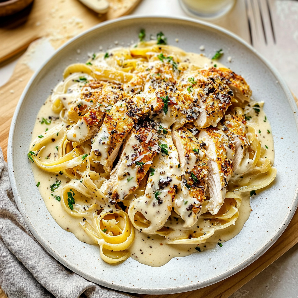 Recipe preparation for Herbed Chicken Alfredo with Truffle Feta Cream & Crispy Parmesan Leeks