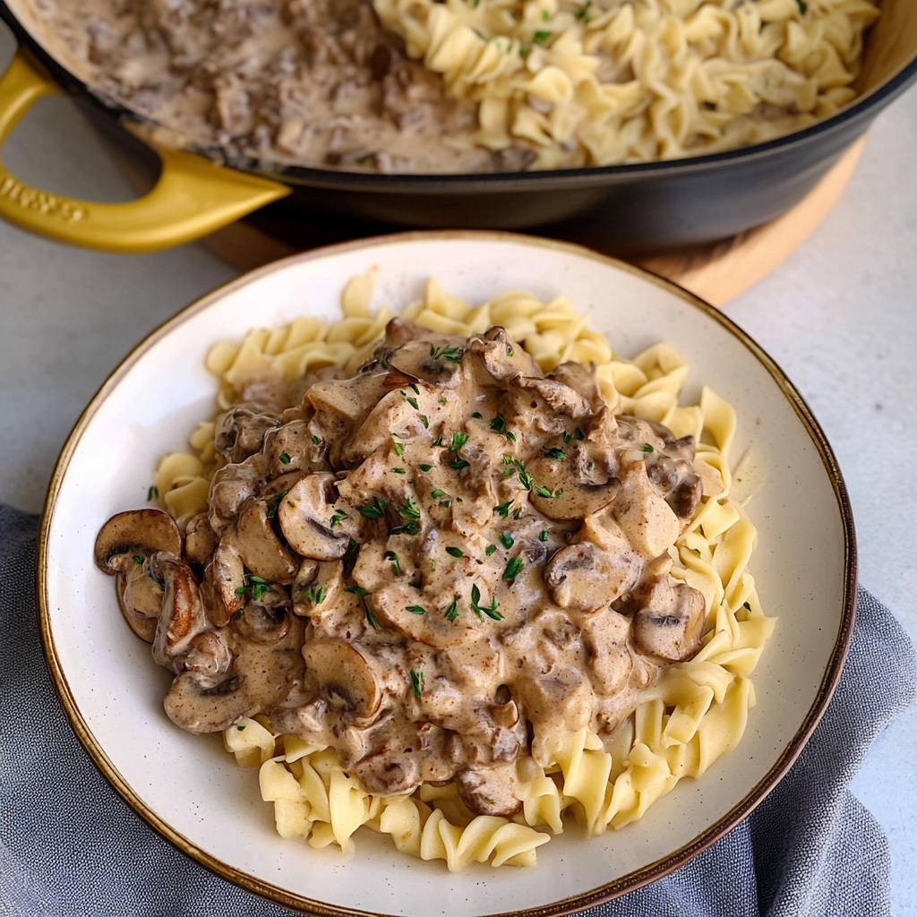 Recipe preparation for quick beef stroganoff with mushrooms