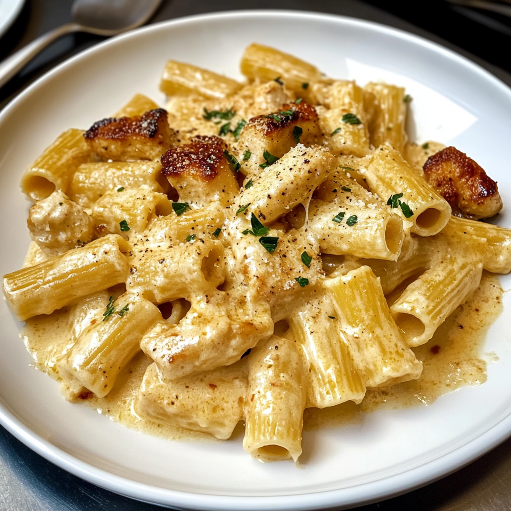 Recipe preparation for Creamy Garlic Butter Chicken Rigatoni