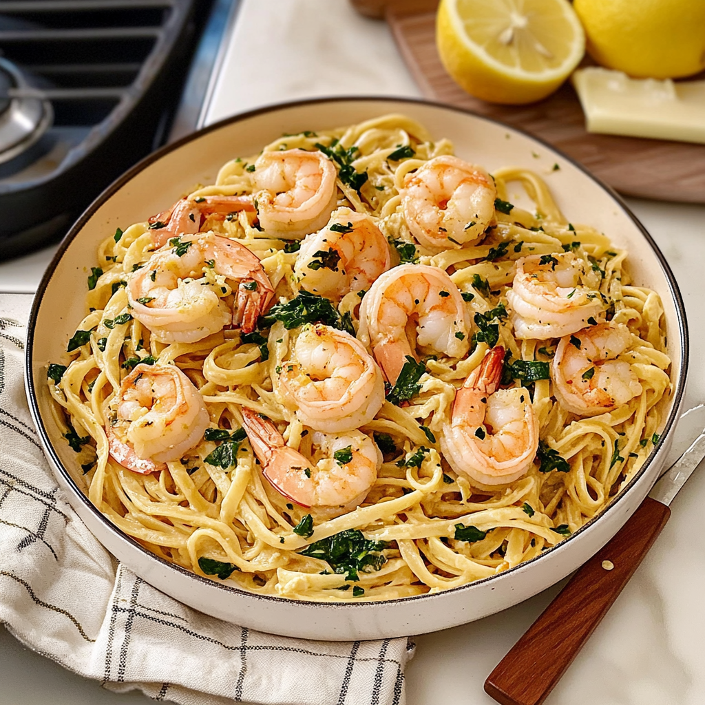 Recipe preparation for 30-Minute Lemon Garlic Shrimp Pasta