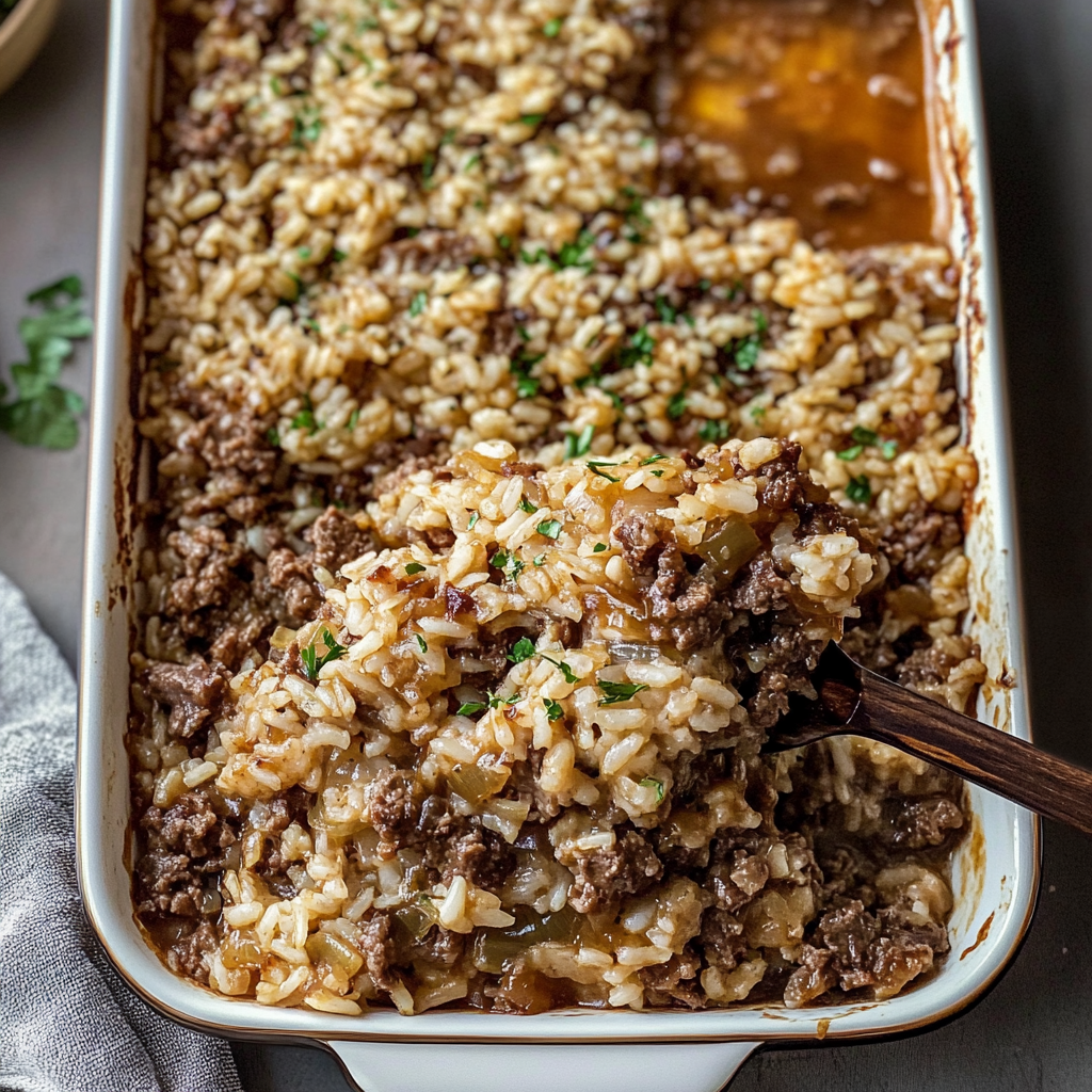 Recipe preparation for French Onion Beef and Rice Casserole Recipe