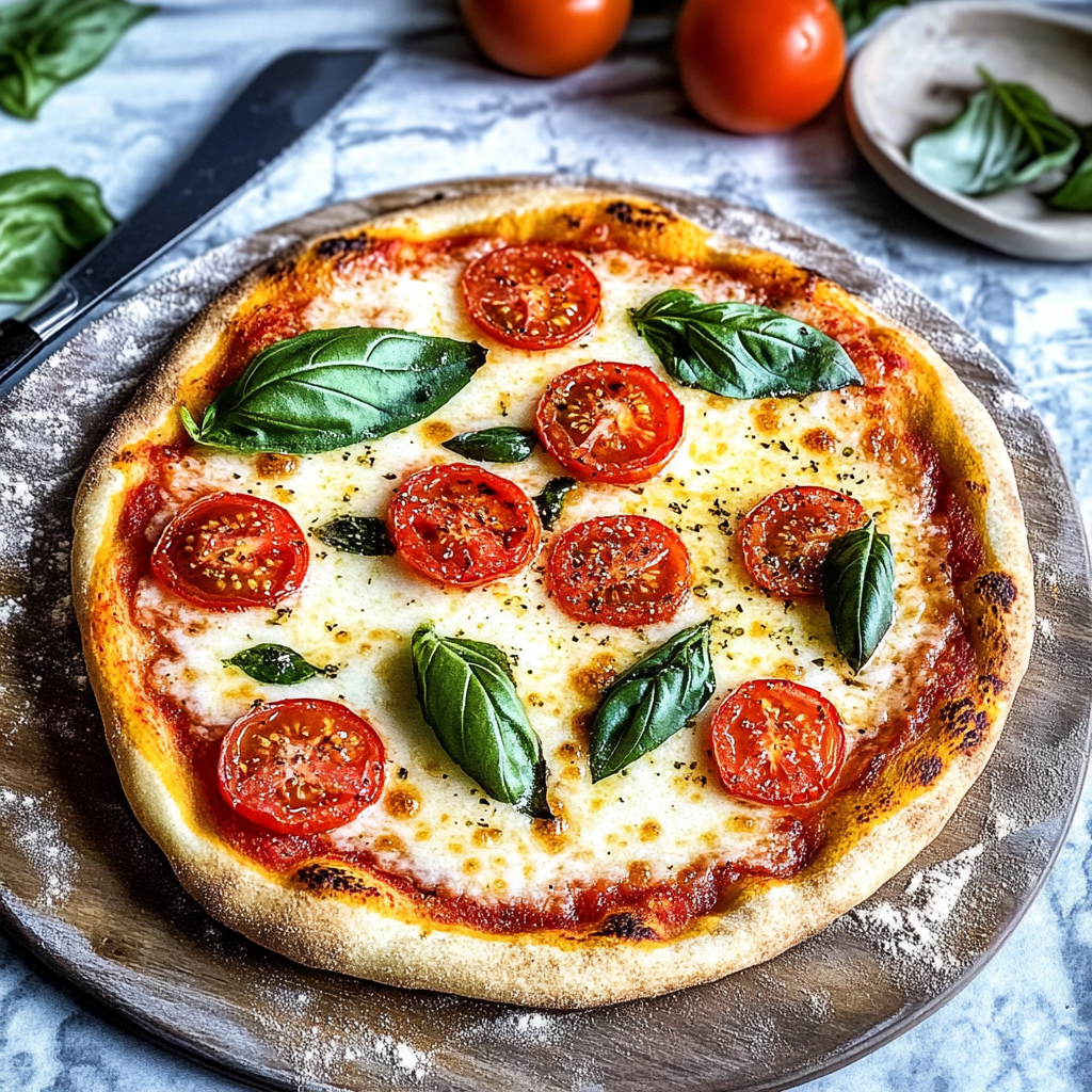 Recipe preparation for homemade margherita pizza with tomato and basil