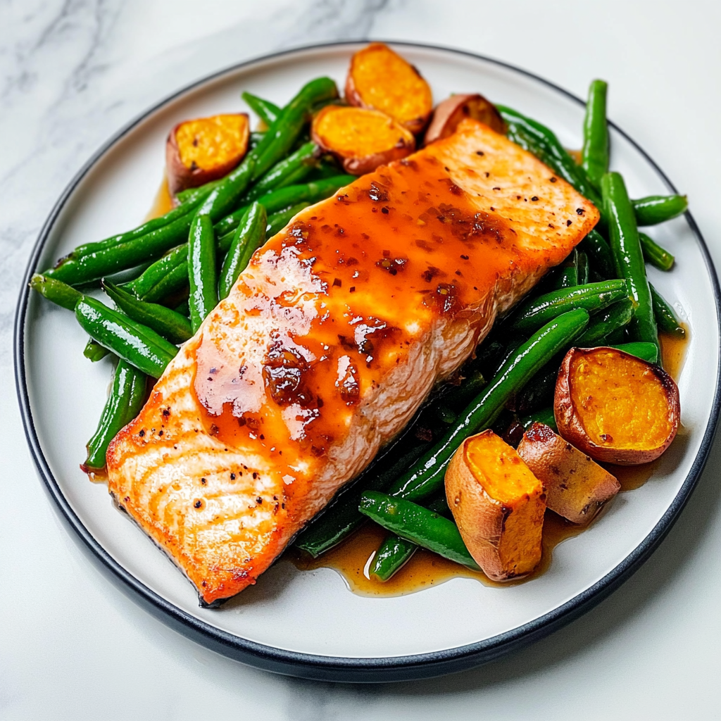 Recipe preparation for Sheet Pan Maple-Chipotle Salmon with Sweet Potato and Green Beans
