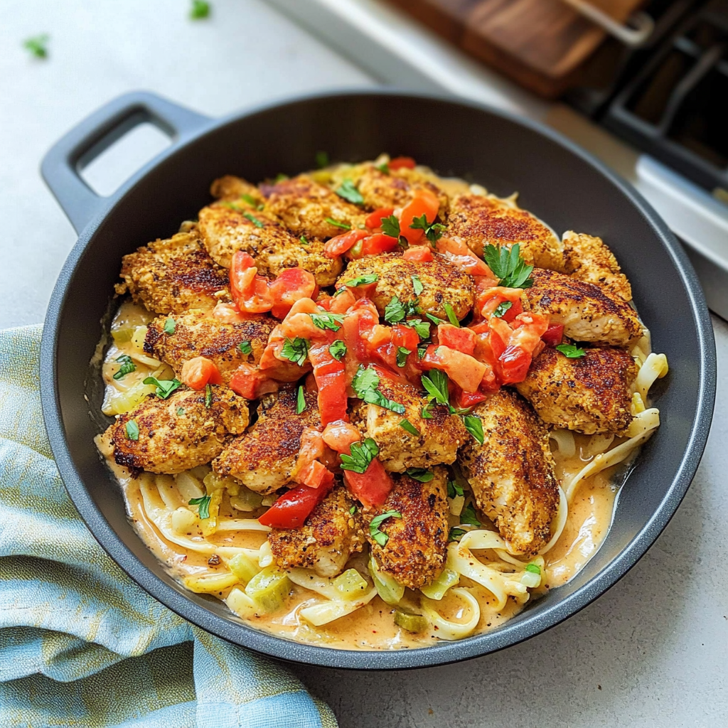 Recipe preparation for Lemon Pepper Chicken Bites & Roasted Red Pepper Cajun Alfredo Twists
