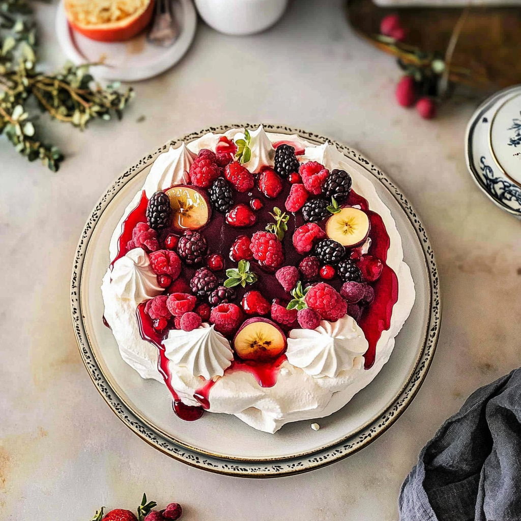 Recipe preparation for Pavlova with Winter Fruits