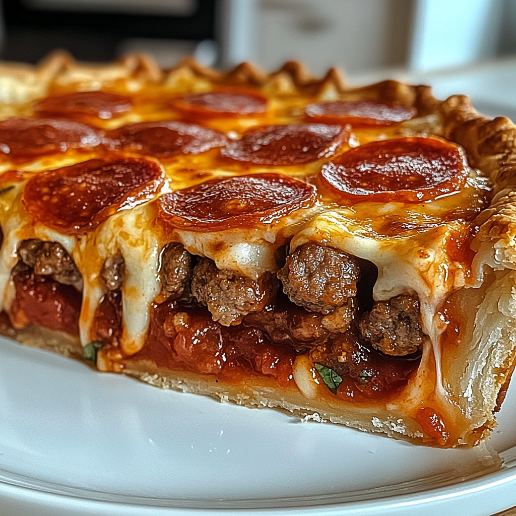 Recipe preparation for Deep Hamburger Sausage & Pepperoni Pie