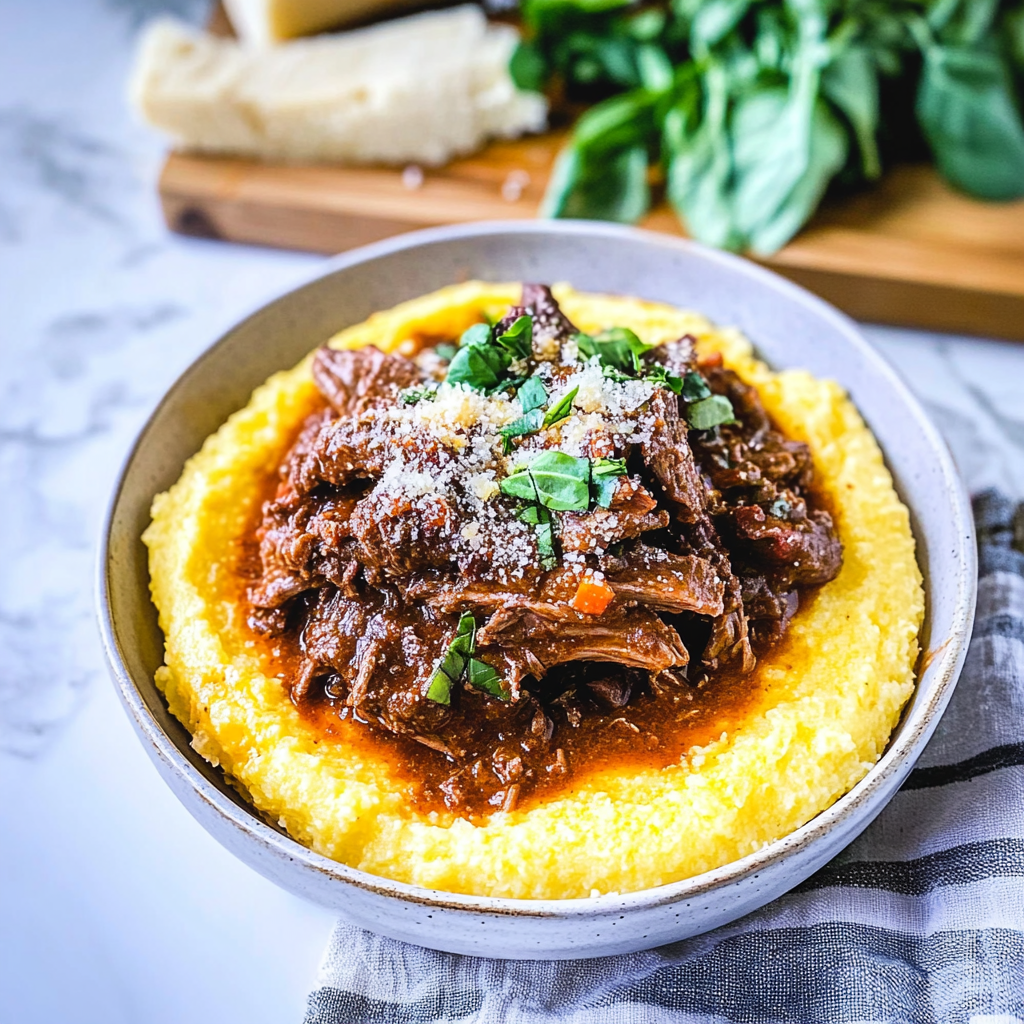 Recipe preparation for Italian Braised Beef Ragu with Parmesan Polenta