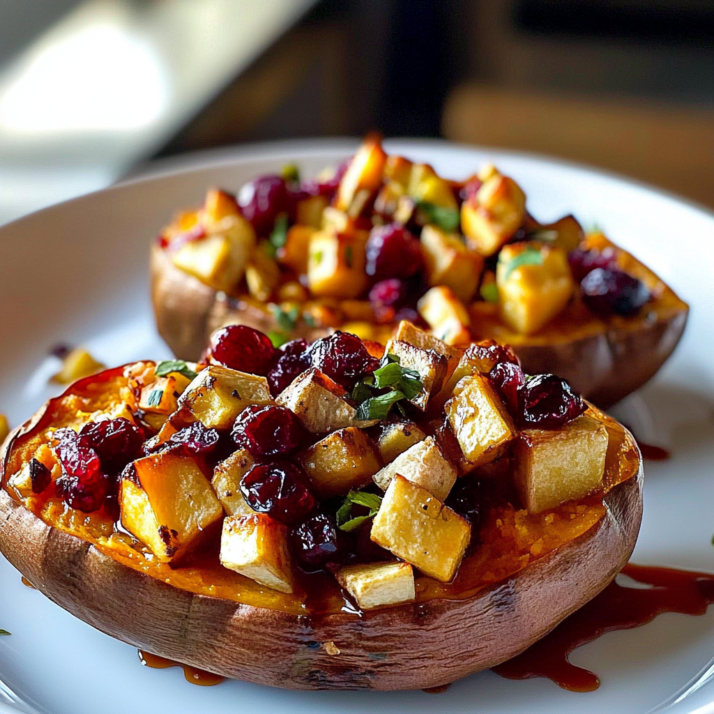 Recipe preparation for cranberry apple twice-baked sweet potatoes