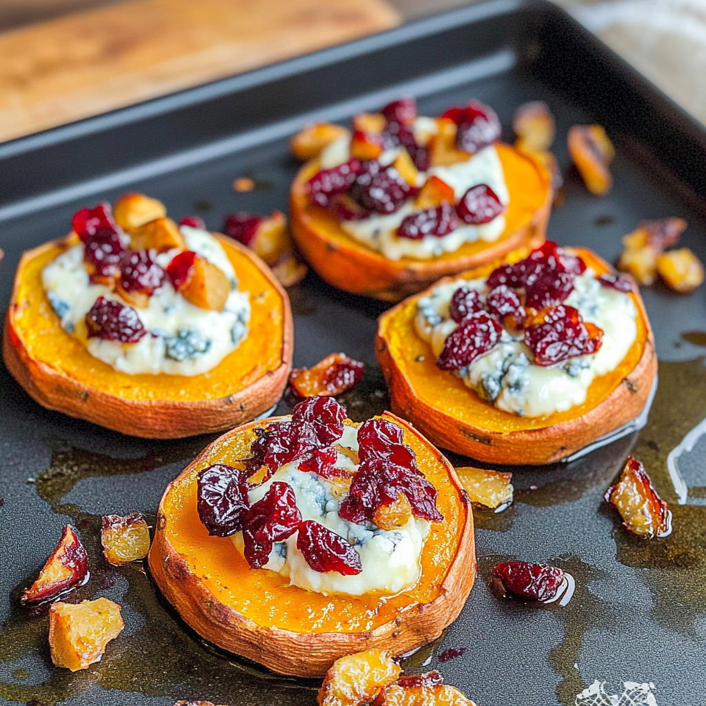 Recipe preparation for Sweet Potato Rounds with Blue Cheese & Cranberries