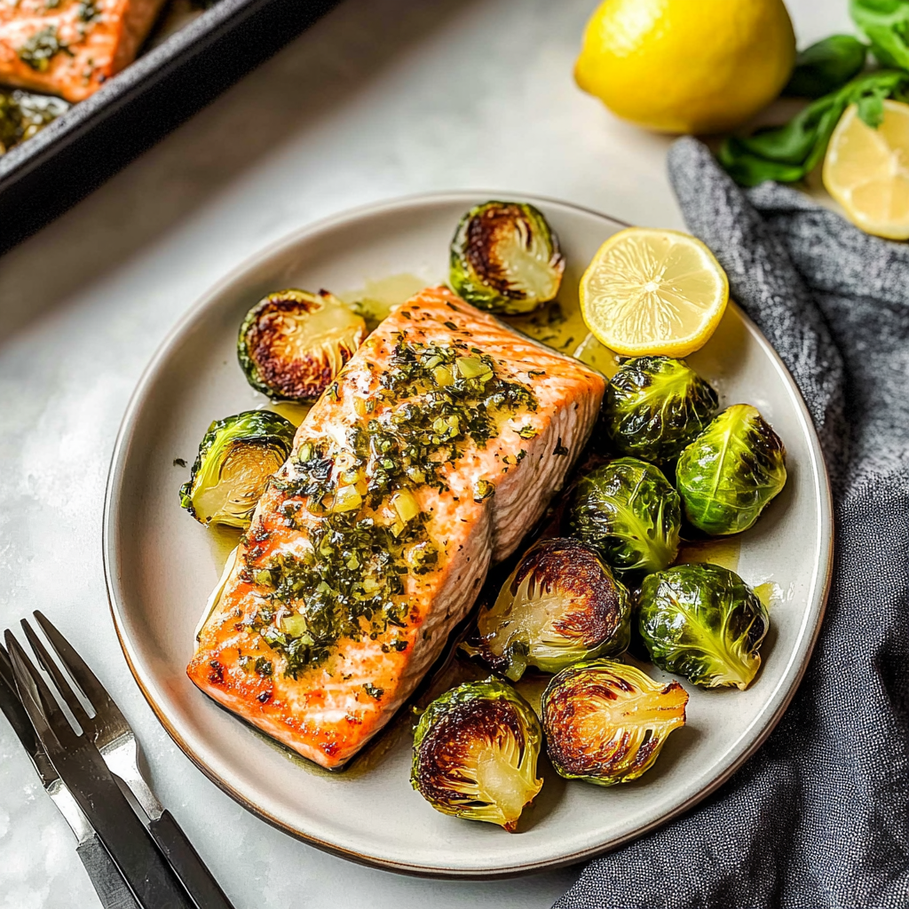Recipe preparation for Sheet-Pan Salmon & Brussels Sprouts with Lemon Herb Butter