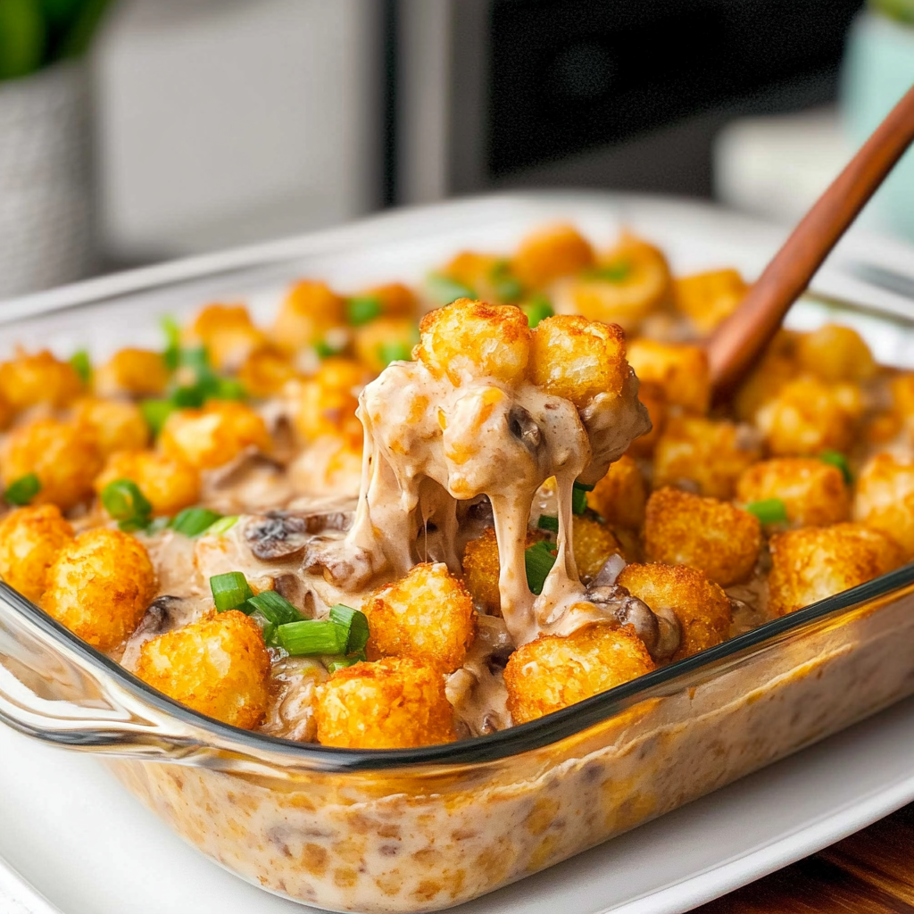 Recipe preparation for Tater Tot Casserole with Cream of Mushroom Soup