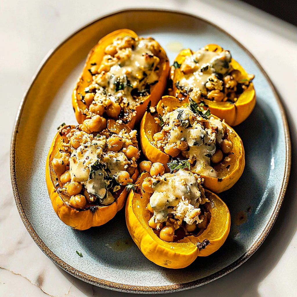 Recipe preparation for Roasted Carnival Squash with Savory Chickpea Filling