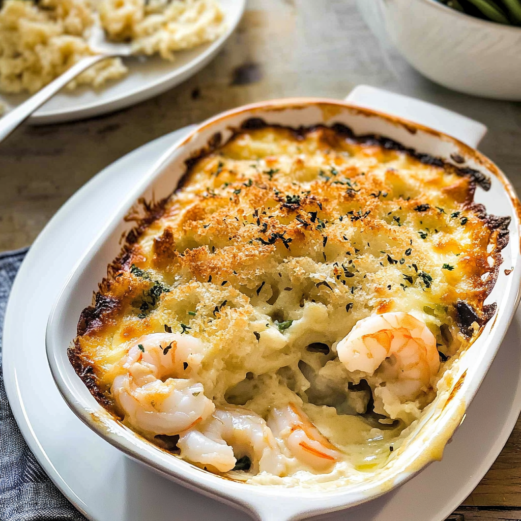 Recipe preparation for Shrimp and Crab Au Gratin – Seafood Main Dish