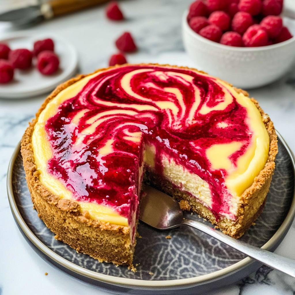 Recipe preparation for Raspberry Swirl Cheesecake Cake