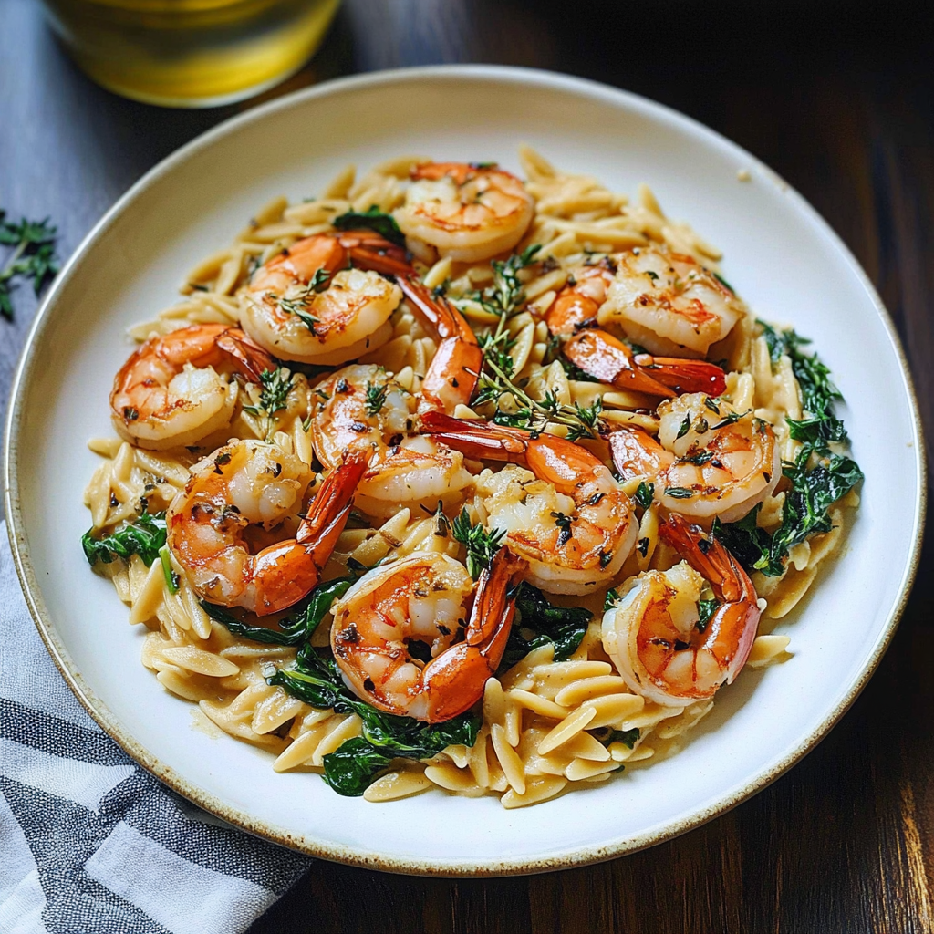 Recipe preparation for Garlic Butter Shrimp with Orzo and Spinach