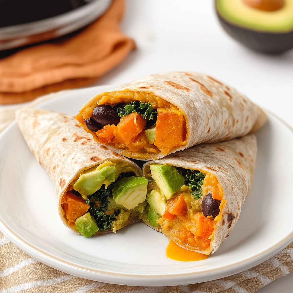 Recipe preparation for Sweet Potato and Kale Breakfast Burritos with Avocado