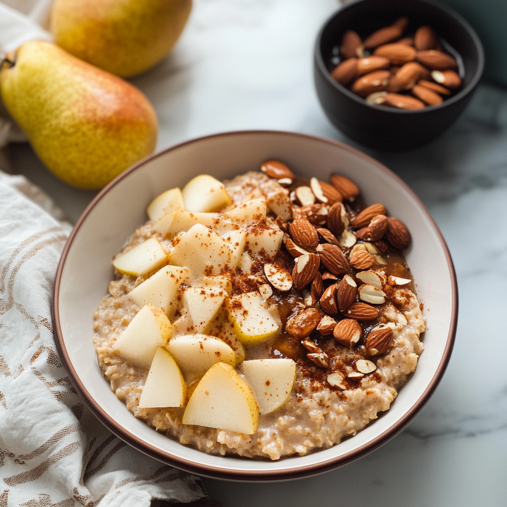 Recipe preparation for Chai-Spiced Pear Oatmeal with Toasted Almonds