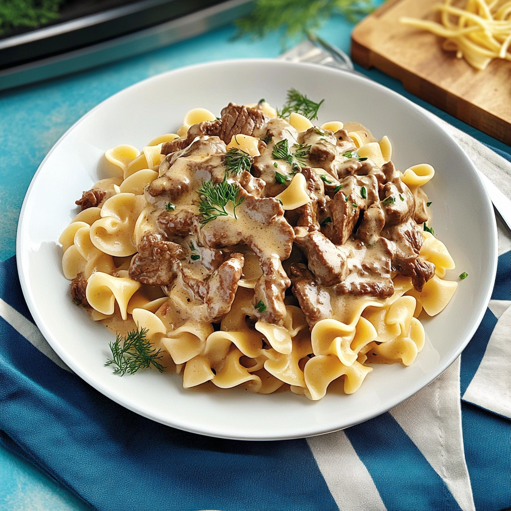 Recipe preparation for Beef Stroganoff with Egg Noodles
