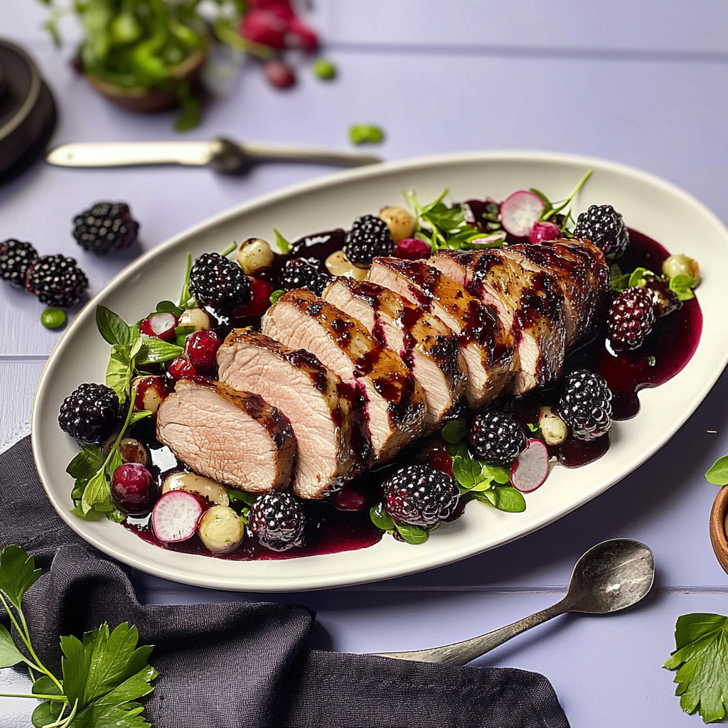 Recipe preparation for Roast Pork Tenderloin with Blackberry Sauce