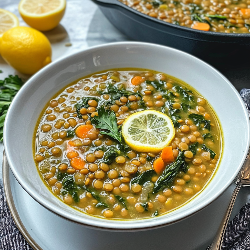 Recipe preparation for Lentil and Spinach Soup with Lemon